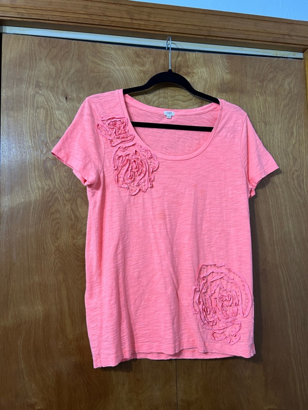 J. Crew Coral Pink Short-Sleeve Floral Appliqué Tee